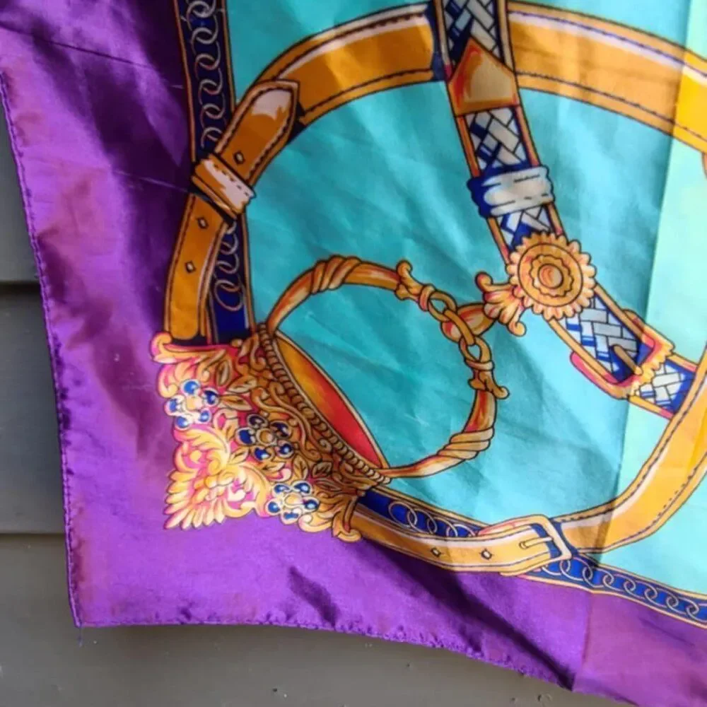 Vintage Satin Purple Blue Gold Horse Bit Scarf